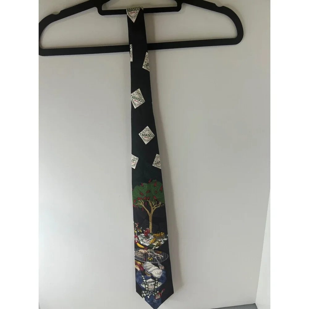 Tabasco Mens Silk Necktie‎ Black Novelty BBQ Grilling Hot Sauce Logo Print Tie